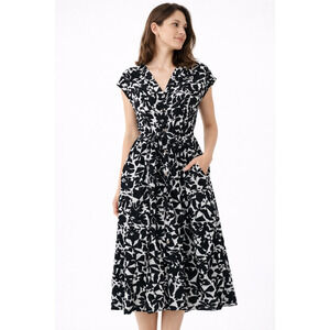 FREE ASSEMBLY Black White Button Front Midi Dress Belted Size L/01